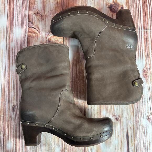 UGG Fold Over Size 8 Brown Leather Sheepskin Cuff LYNNEA Ankle Calf Boots Shoes - Picture 6 of 13